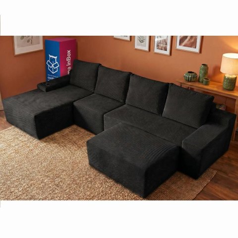 Sofá Evo 3,40m Molas Ensacadas com Apoio Chaise Lounge Esquerda Velourê Preto Cama Inbox