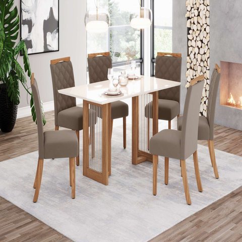 Conjunto Sala de Jantar Mesa 6 Cadeiras Yara Marrom/Nature/Off White/Amêndoa