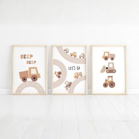 Kit 3 Quadros Decorativos Infantil | Transportes - Carros Fun NO2 - 40x60 - Moldura Madeira