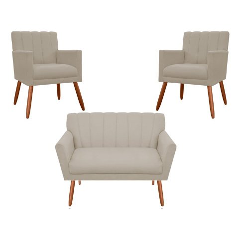 Kit Namoradeira + 2 Poltronas Decorativa Cecília Suede Bege Pés Madeira Ms Decor