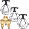 3 Lustres Teto Plafon + 3 Lâmpadas LED St64 Industrial Aramado Diamante Retrô Vintage Preto - 1