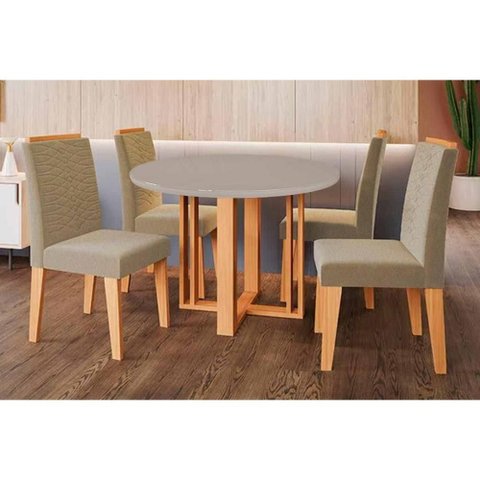 Conjunto: Mesa Sala Jantar Flora Tampo Madeirado C/ Vidro 109cm e 4 Cadeiras Clarice Cinamomo/off