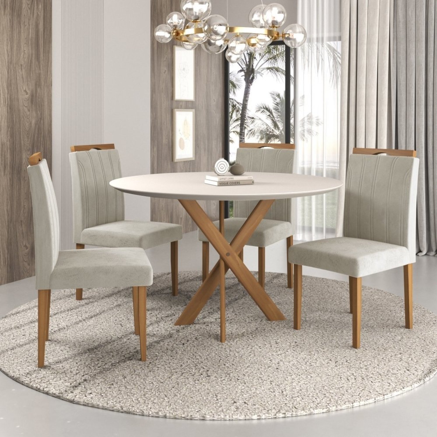 Conjunto Sala de Jantar Mesa Maceió 100cm Tampo Redondo Vidro/MDF com 4 Cadeiras 03 com Puxador Made - 1