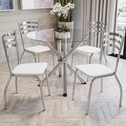 Conjunto Sala de Jantar 1 Mesa Tampo Vidro Redondo 4 Cadeiras Portugal - 1