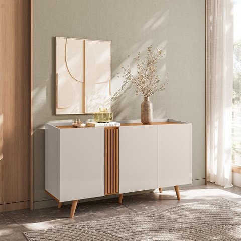 Buffet Capri - 3 Portas Detalhe Ripado Off White Fosco/Freijó - Colibri Móveis - Off White Matte