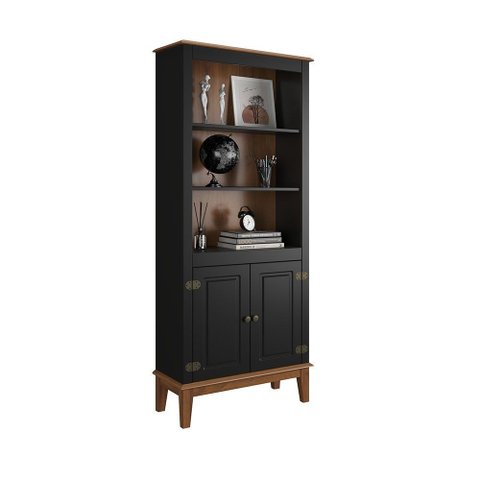 Estante de Madeira Maciça 2 Portas - Cor: Preto/amêndoa