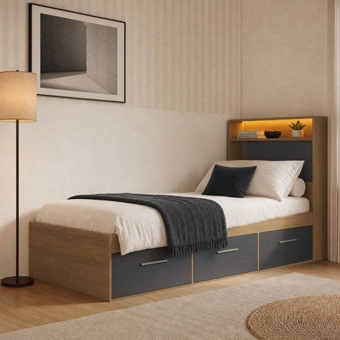 Cama de Solteiro 3 Gavetas com LED e Cabeceira Organizadora Genebra 90cm