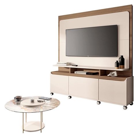 Estante Home Theater Quantum Off White Castanho e Mesa de Centro Sky com Tampo de Vidro Off White – 
