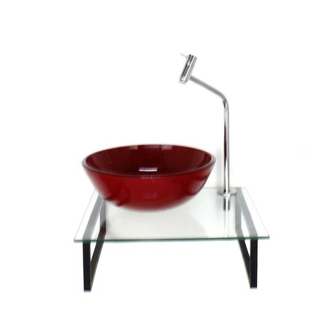 Gabinete de Vidro com Cuba Redonda Vermelho Ferrari Tampo 40cm Incolor Mais Torneira Metal