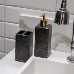 Kit Banheiro 01 Porta Sabonete Liquido e 01 Porta Escova em Cerâmica Preto - Indo Decorar - 2