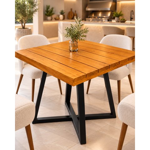 Mesa de Jantar Quadrada 80cm em Madeira Maciça e Pé de Ferro 4 Lugares