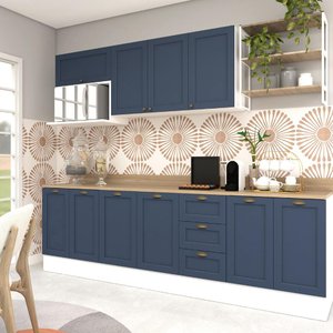 Cozinha Modulada Aurora 260cm Completa Provençal Clássico Cor:branco com Azul