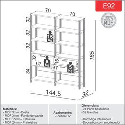 Estante Sala com Prateleiras e Gavetas Dalla Costa 100% Mdf Cor:off White com Freijó - 3
