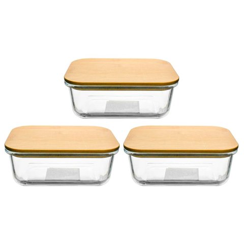 Jogo de Potes de Vidro Hermético com Tampa de Bambu 640ml 3 Peças - Vista Home