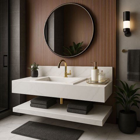 Bancada em Porcelanato para Banheiro Completa Alto Padrão 100cm Com Cuba Esculpida