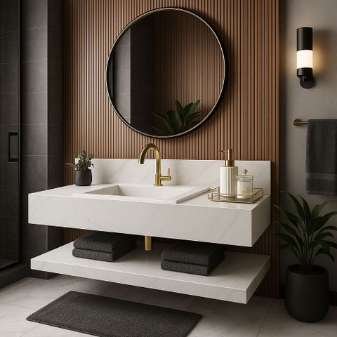 Bancada em Porcelanato para Banheiro Completa Alto Padrão 100cm Com Cuba Esculpida