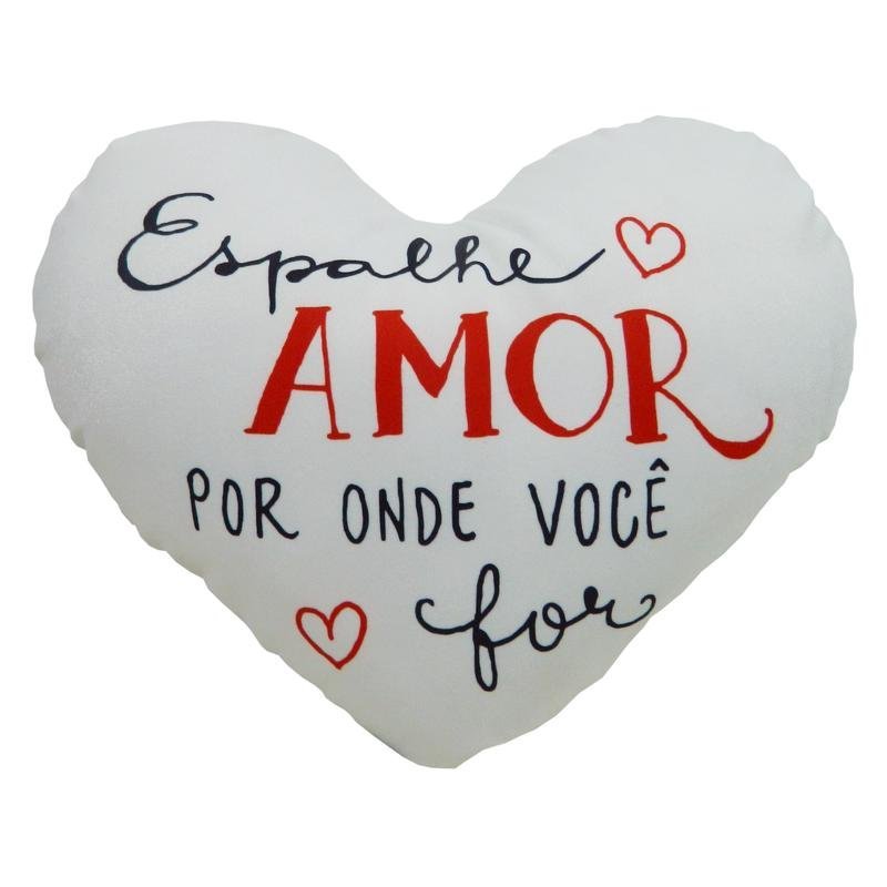 Almofada Coração Frases Espalhe Amor Branca 45cm x 30cm