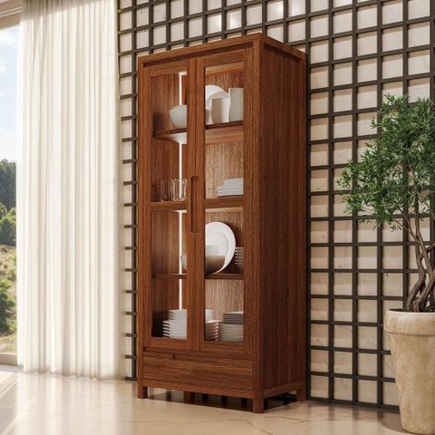 Cristaleira para Sala de Jantar 2 Portas de Vidro 1 Gaveta Madeira Maciça Dunia F06 Rústico Escuro