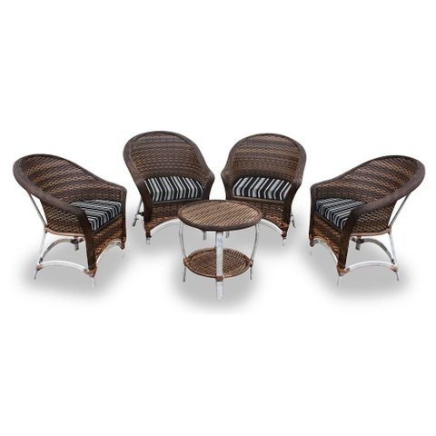 Conjunto de Poltronas Fibra Sintética Bali Alumínio - 4 Poltronas + 1 Mesa Centro - Tecido Friso Pre