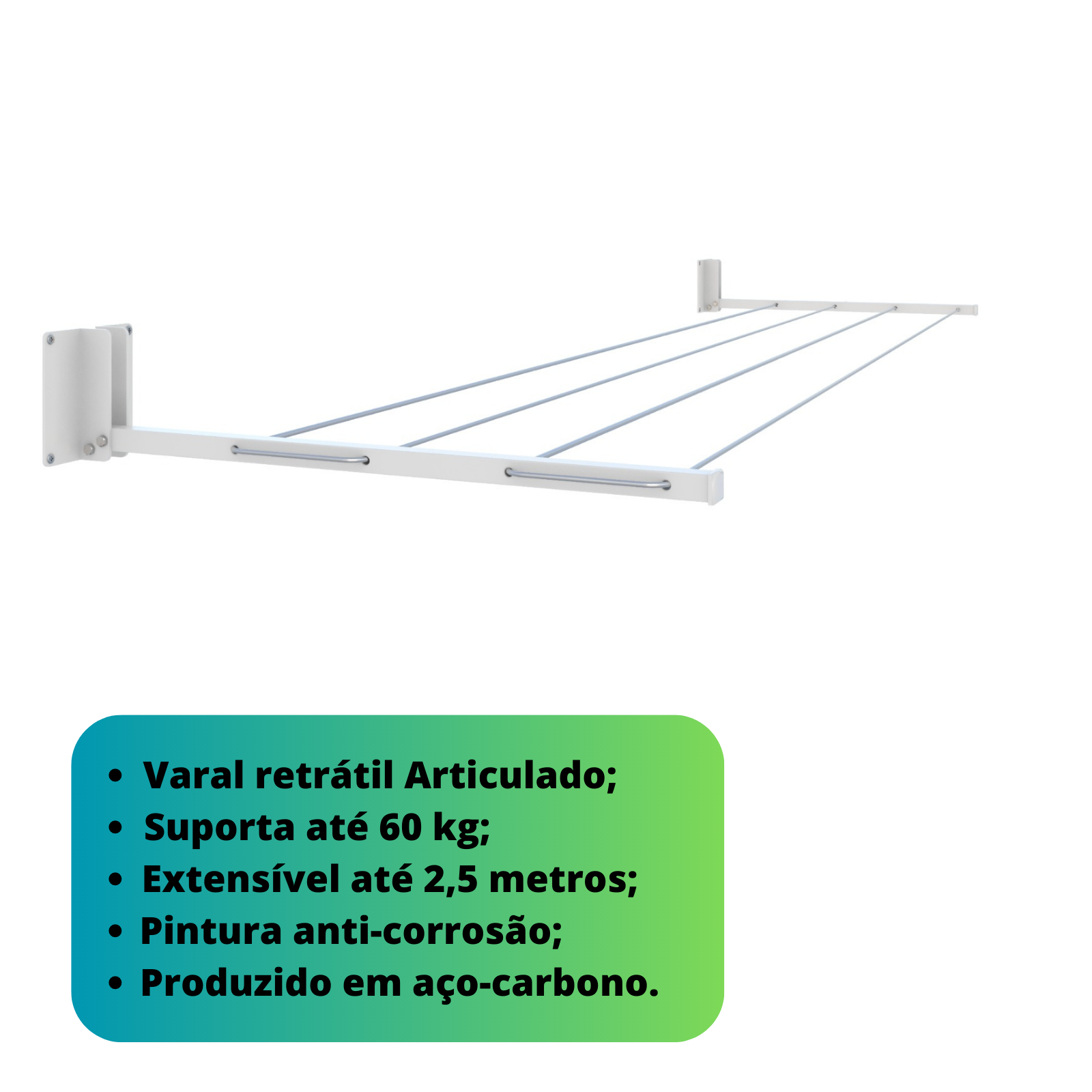 Varal de Parede Retrátil 40 kg Aço Carbono Resistente Extensível - Branco - 1