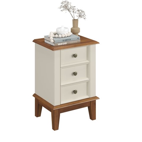 Mesa de Cabeceira Rústica Madeira Maciça 3 Gavetas Off White - Apaixone & Decore