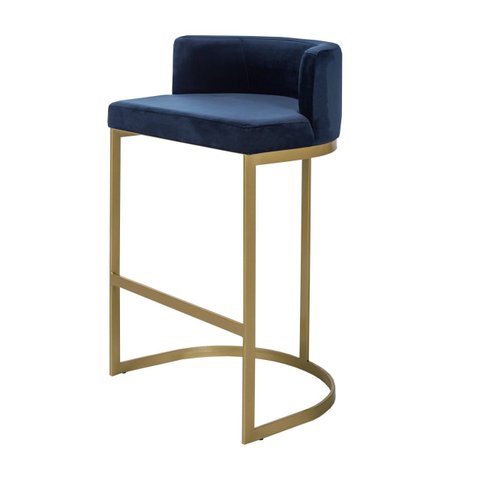 Banqueta Belly Alta Estofada Dourada em Tecido Suede Azul Elegante e Confortável 75cm