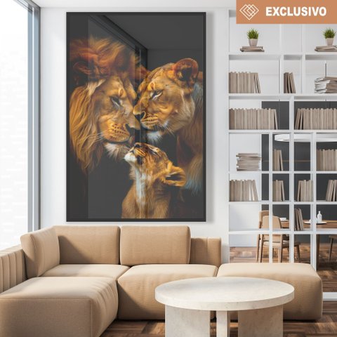 Quadro Decorativo Família Leão Leoa com Um Filhote Sala Quarto Casa Escritório