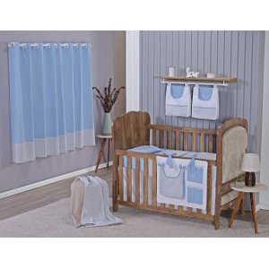 Enxoval de Bebe Kit de Berço Americano Cortina Algodão Menino Menina 8 Peças:chevron Azul Bebê