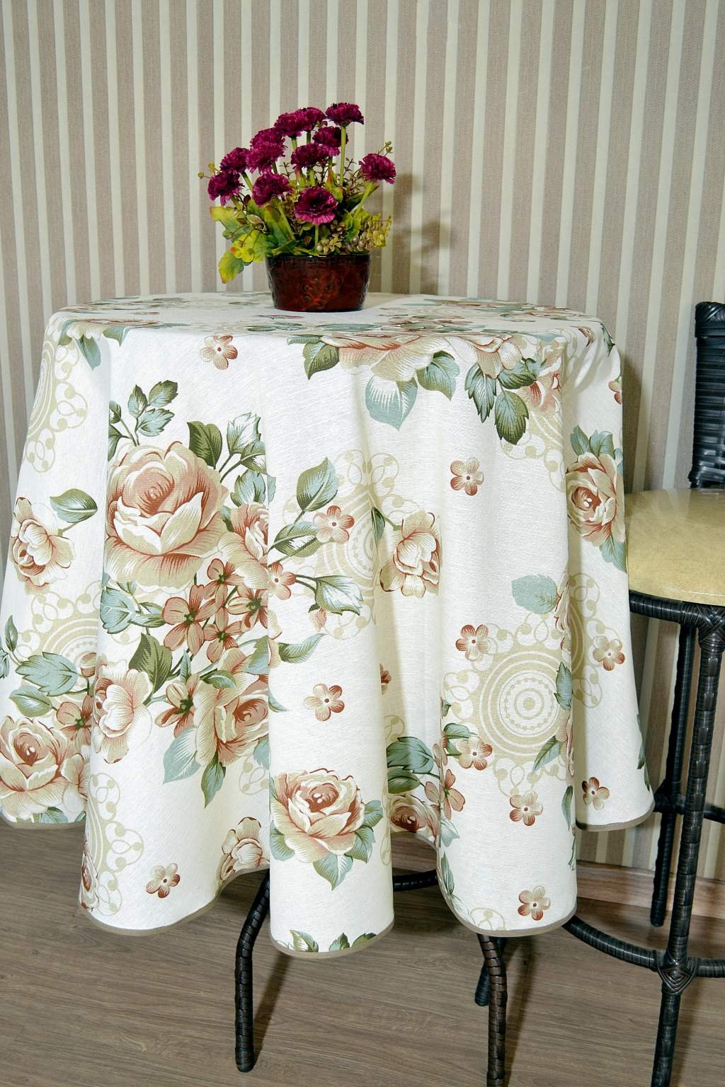 Toalha de Mesa Redonda em Linhão - Floral Palha Arte & Tear Redonda - 1,75 M