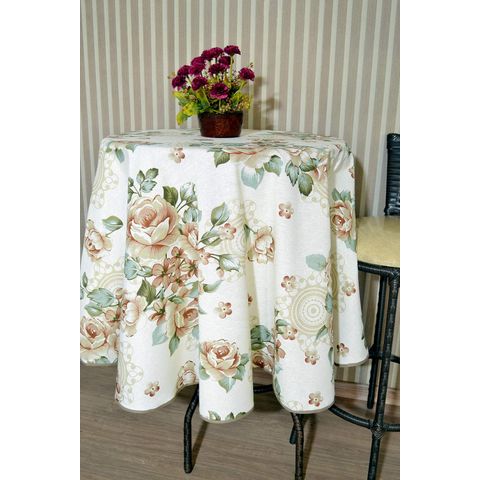 Toalha de Mesa Redonda em Linhão - Floral Palha Arte & Tear Redonda - 1,75 M