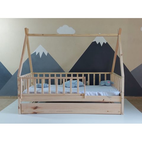 Bicama Solteiro Cabana Montessoriana Madeira Maciça Pinus - Verniz Incolor - Grade Vertical Completa