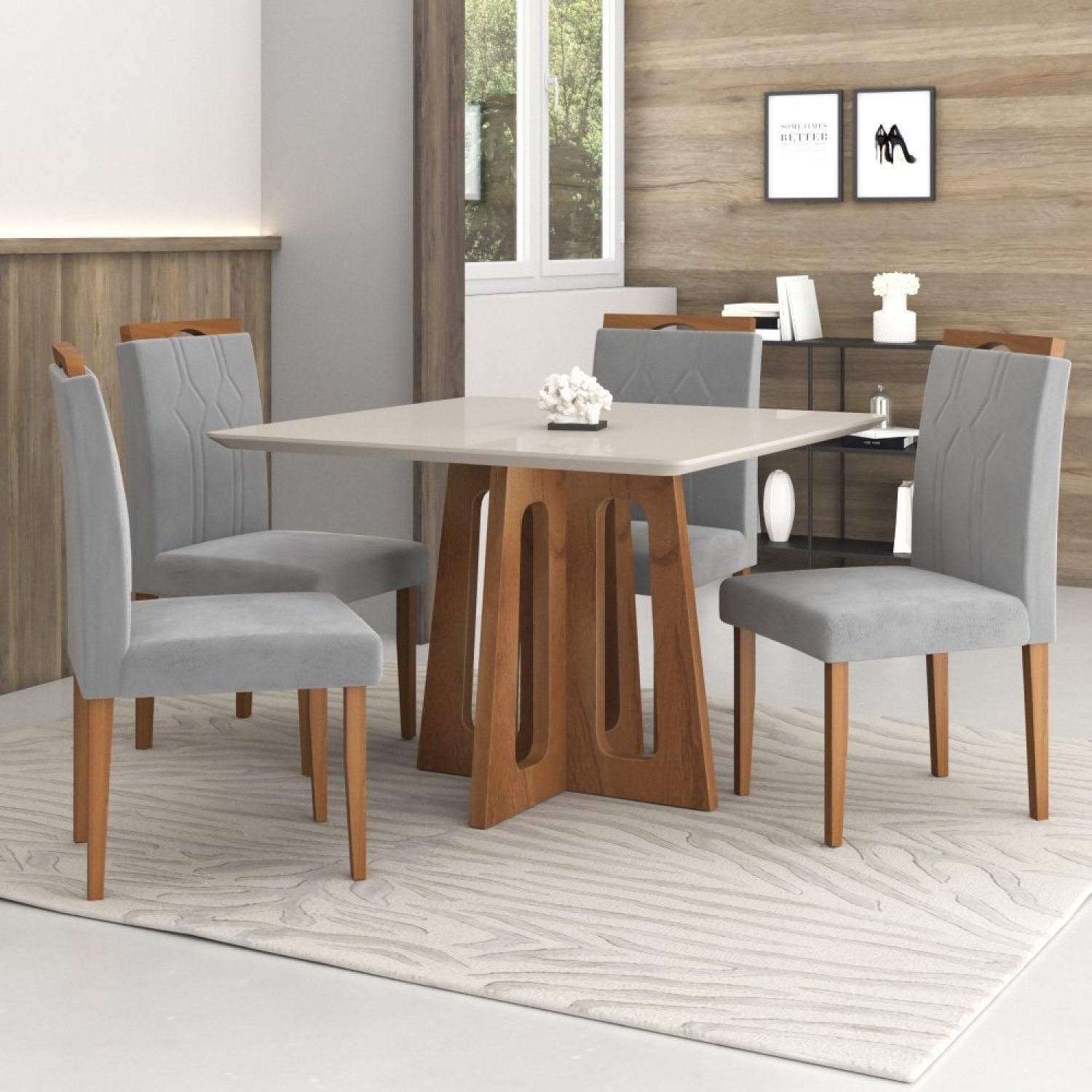 Conjunto Sala de Jantar Mesa Recife Tampo Vidro/MDF com 4 Cadeiras 01 com Puxador  - 1