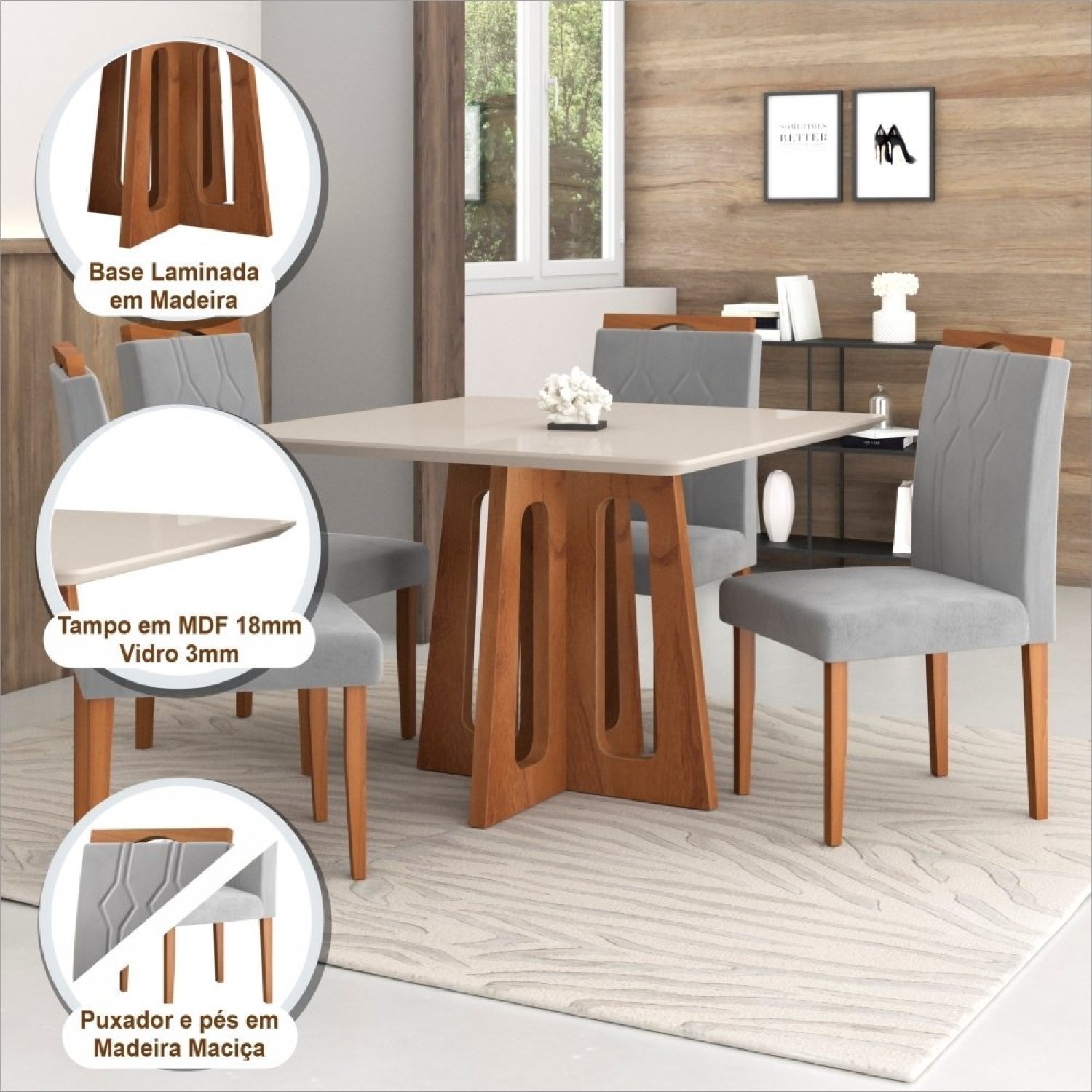 Conjunto Sala de Jantar Mesa Recife Tampo Vidro/MDF com 4 Cadeiras 01 com Puxador  - 5
