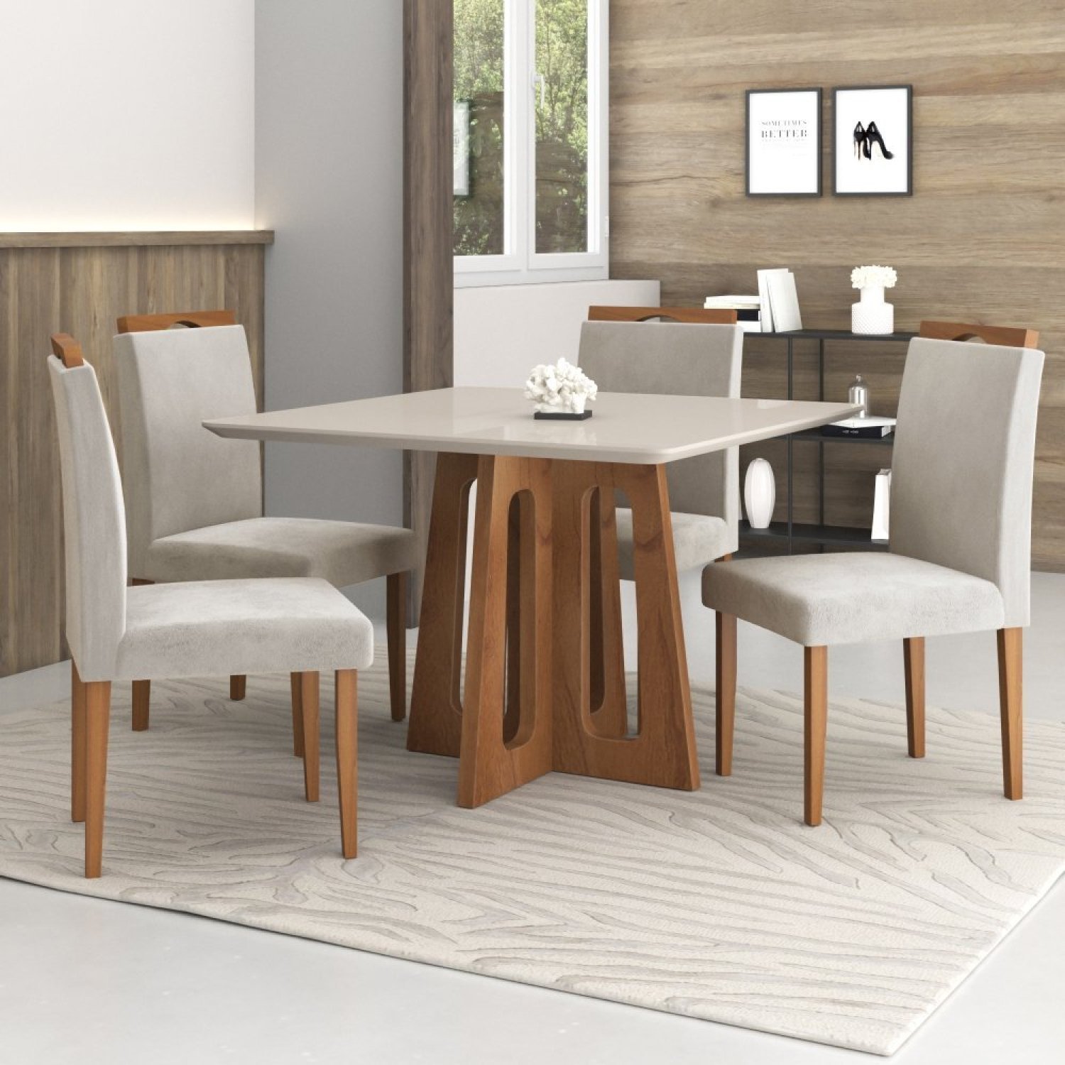 Conjunto Sala de Jantar Mesa Recife Tampo Vidro/MDF com 4 Cadeiras 04 com Puxador  - 1