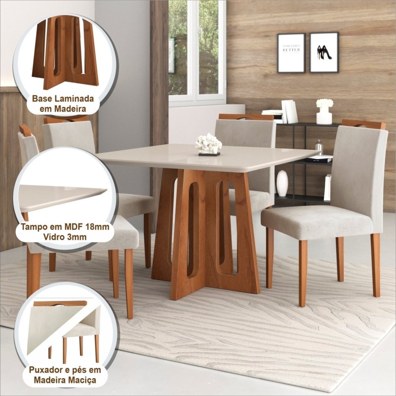 Conjunto Sala de Jantar Mesa Recife Tampo Vidro/MDF com 4 Cadeiras 04 com Puxador  - 5