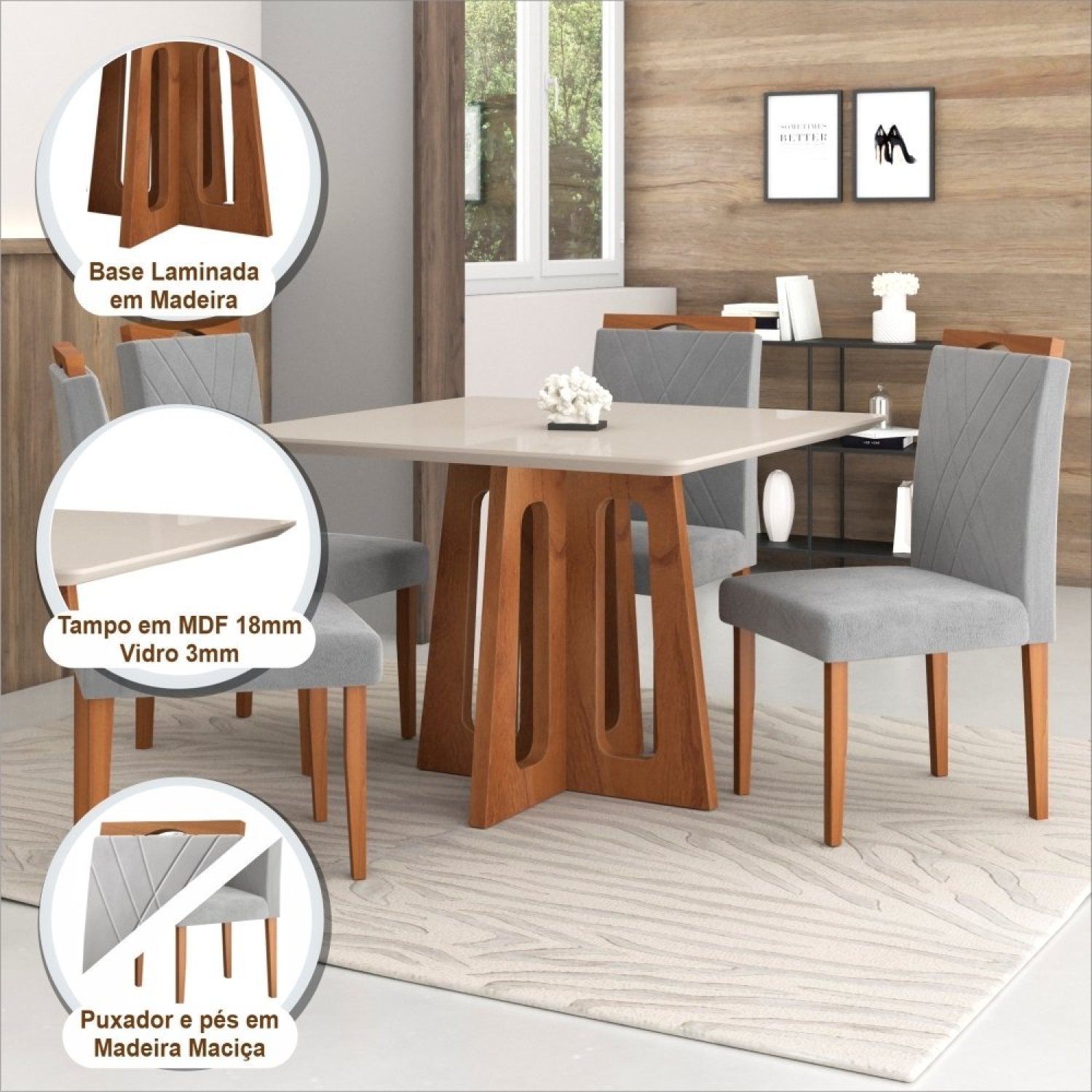 Conjunto Sala de Jantar Mesa Recife Tampo Vidro/MDF com 4 Cadeiras 05 com Puxador  - 5