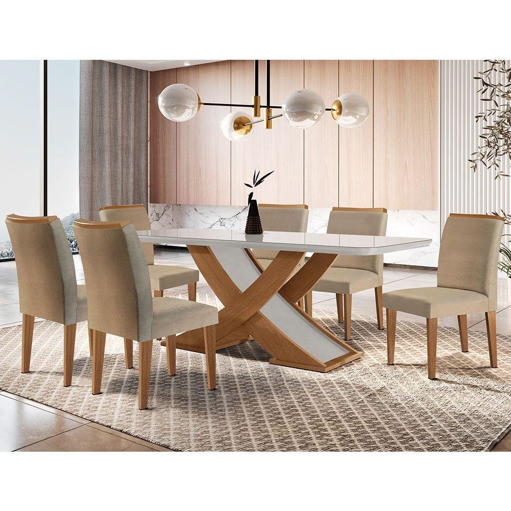 Mesa Lisboa 180 Mdf Vidro Canto Copo Com 6 Cadeiras - 1