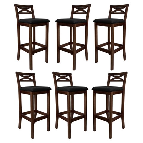 Kit 6 Banquetas Alta Estofada para Bancada Madri Madeira Capuccino Suede Preto Ccs