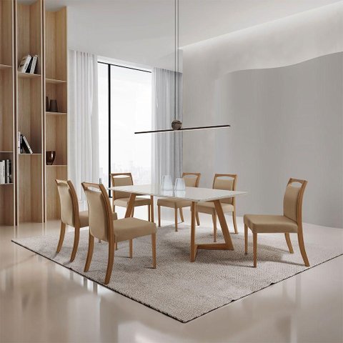 Conjunto de Jantar Munique 6 Lugares Tampo em Vidro Brilhante Imbuia 180cm Mobillare