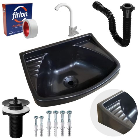 Pia Lavatório Plástico 4,8l Preta + Sifão Sanfonado Universal 61cm Preto + Torneira Branca + Veda Ro