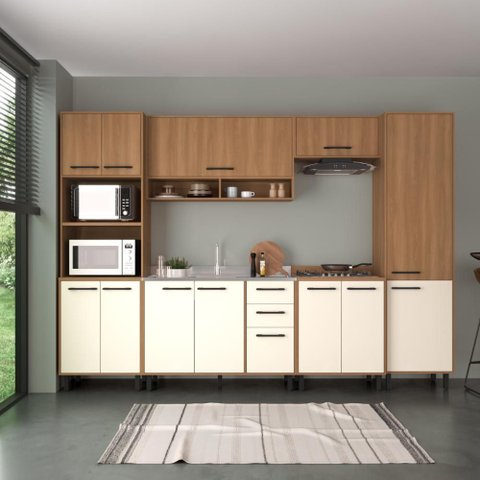 Cozinha Completa Modulada 220x310 cm 6 Peças Amadeirado Off White Casamia