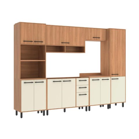Cozinha Completa Modulada 220x310 cm 6 Peças Amadeirado Off White Casamia