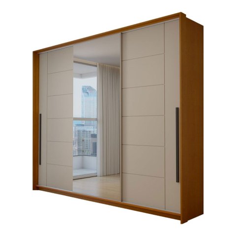 Guarda-Roupa Casal Genebra 3 Portas 4 Gavetas com Espelho Freijó/Creme - Panorama Móveis