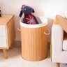 Cesto Redondo de Bambu Rústico Tampa Organizador Decorativo Multiuso Roupas Sujas Forrado Dobrável I - 2