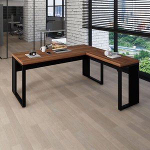 Mesa L Escritório Industrial 1,70m X 0,70m Pés Metal F5 Cor:nogal com Preto