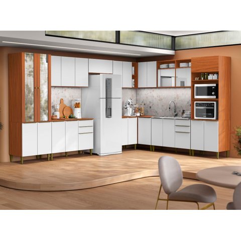 Jogo de Cozinha Modulada Luana  em L de 388cmx285cm - Cimamomo/Branco Aramóveis
