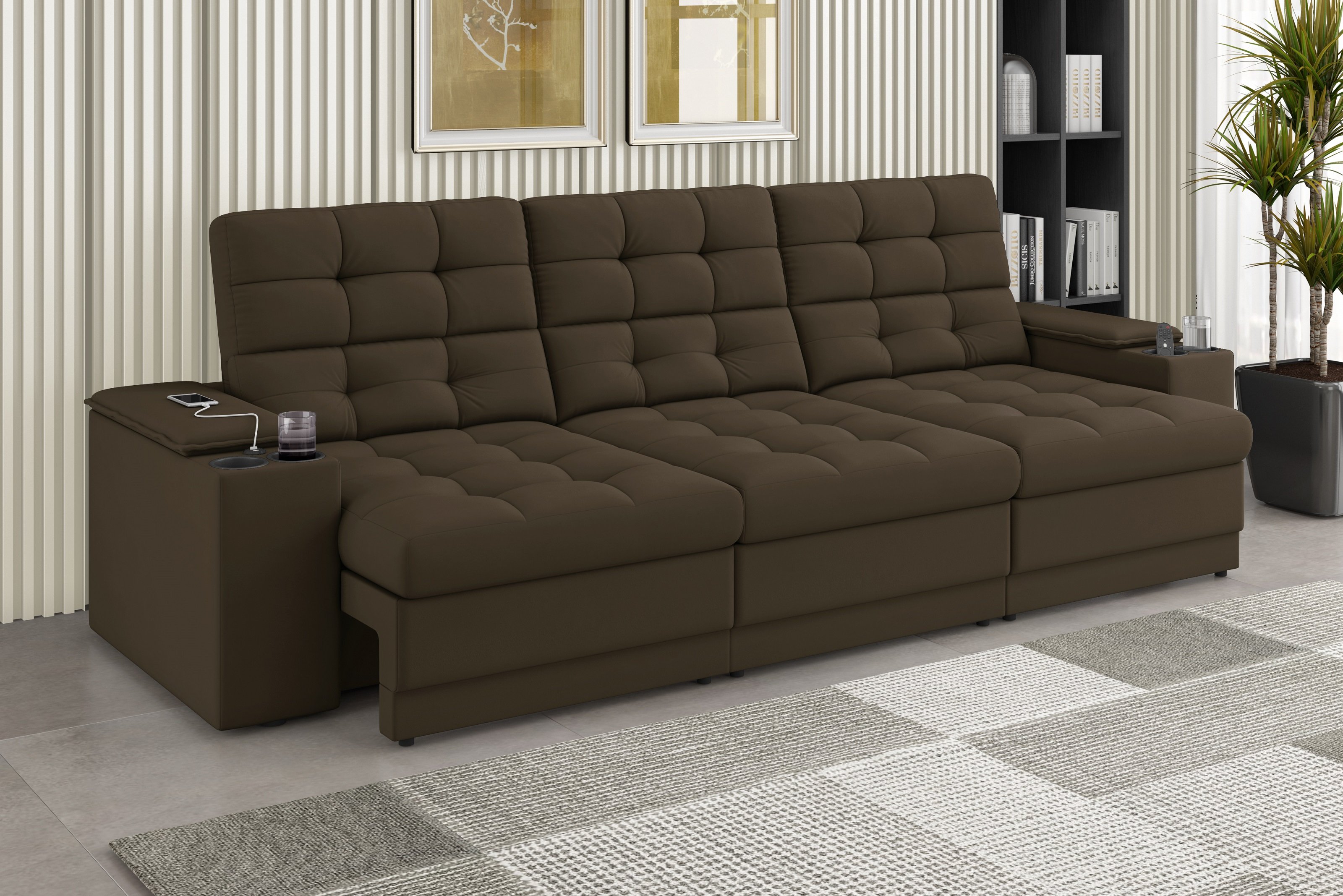 Sofá Confort Premium 2,30m Assento Retrátil/reclinável Porta Copos e Usb Suede Marrom - Xflex - 1