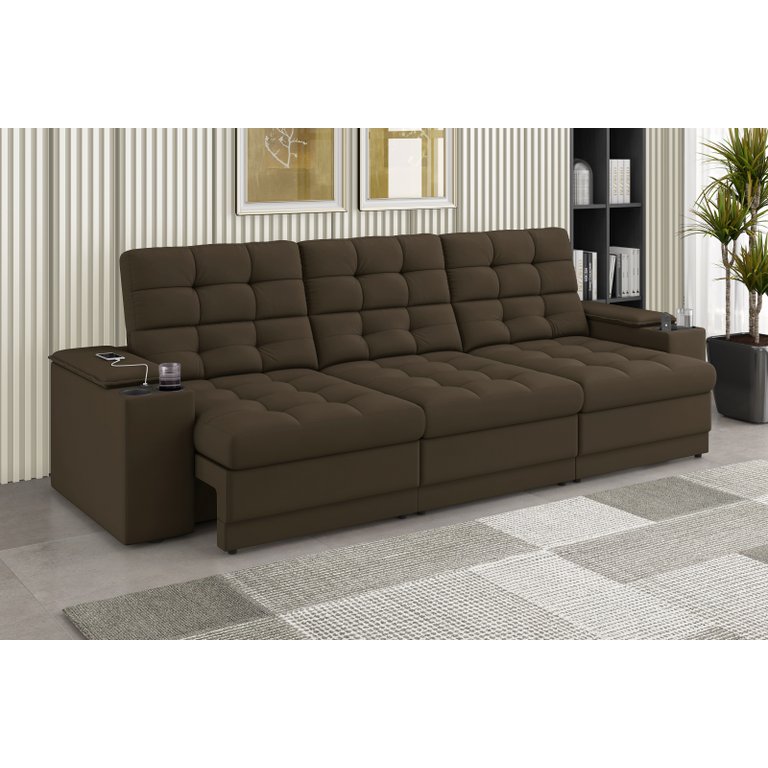Sofá Confort Premium 2,30m Assento Retrátil/reclinável Porta Copos e Usb Suede Marrom - Xflex