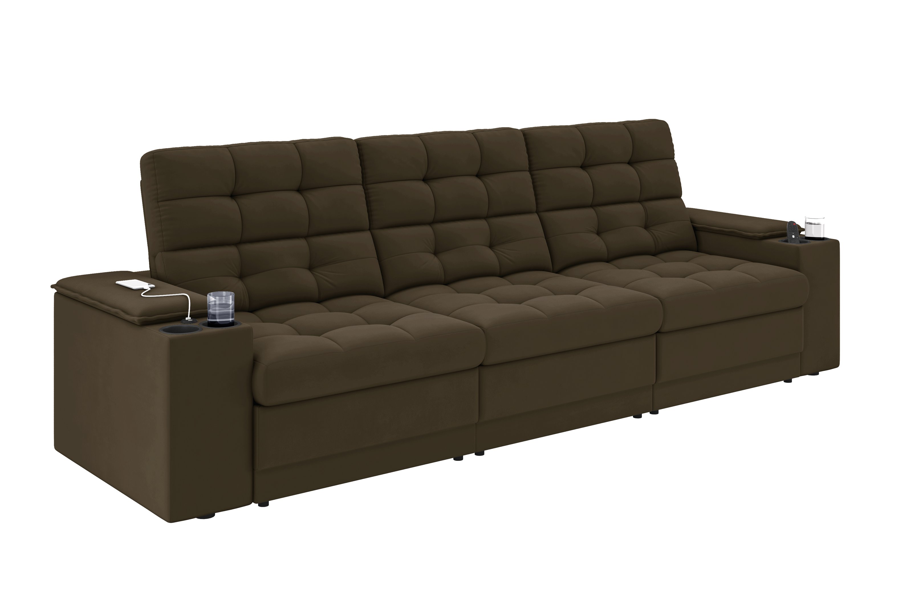 Sofá Confort Premium 2,30m Assento Retrátil/reclinável Porta Copos e Usb Suede Marrom - Xflex - 4
