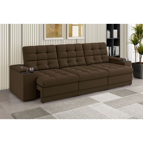 Sofá Confort Premium 2,30m Assento Retrátil e Reclinável Porta Copos e USB Suede Marrom - Xflex